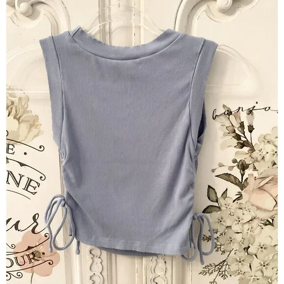 Lulus New Level Tank Women's XS Dusty Blue Ribbed Ruched Cropped Top - Picture 8 of 13
